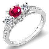 1.00 Carat (ctw) 10k White Gold Round White Diamond And Ruby 3 Stone Ladies Bridal Engagement Ring 1 CT