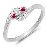 0.25 Carat (ctw) 10K White Gold Round Ruby And White Diamond Ladies Anniversary Promise Wedding Ring 1/4 CT