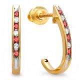 0.25 Carat (ctw) 10K Yellow Gold Round Ruby & White Diamond Ladies Fancy J Shaped Hoop Earrings 1/4 CT