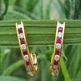 0.25 Carat (ctw) 10K Yellow Gold Round Ruby & White Diamond Ladies Fancy J Shaped Hoop Earrings 1/4 CT