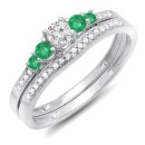 0.45 Carat (ctw) 14k White Gold Round Green Emerald And White Diamond Ladies 5 Stone Bridal Engagement Ring Matching Band Set 1/2 CT
