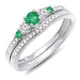 0.45 Carat (ctw) 10k White Gold Round Green Emerald And White Diamond Ladies 5 Stone Bridal Engagement Ring Matching Band Set 1/2 CT