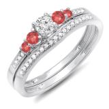0.45 Carat (ctw) 14k White Gold Round Ruby And White Diamond Ladies 5 Stone Bridal Engagement Ring Matching Band Set 1/2 CT