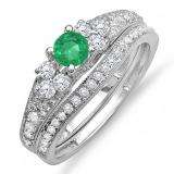 1.00 Carat (ctw) 18k White Gold Round Green Emerald And White Diamond Ladies Bridal Engagement Ring Matching Band Set 1 CT