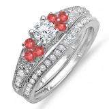 1.00 Carat (ctw) 18k White Gold Round Red Ruby And White Diamond Ladies Bridal Engagement Ring Matching Band Set 1 CT