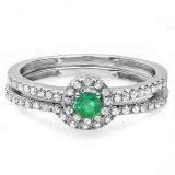 0.45 Carat (ctw) 18k White Gold Round Green Emerald And White Diamond Ladies Halo Style Bridal Engagement Ring Matching Band Set 1/2 CT