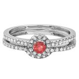 0.45 Carat (ctw) 10k White Gold Round Ruby And White Diamond Ladies Halo Style Bridal Engagement Ring Matching Band Set 1/2 CT