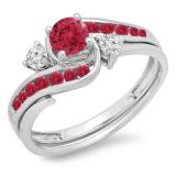 0.90 Carat (ctw) 10k White Gold Round Ruby And White Diamond Ladies Swirl Bridal Engagement Ring Matching Band Set