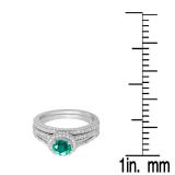1.25 Carat (ctw) 14k White Gold Round Green Emerald And White Diamond Ladies Split Shank Halo Style Bridal Engagement Ring Set With Matching Band 1 1/4 CT