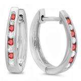 0.20 Carat (ctw) 10K White Gold Round White Diamond And Ruby Ladies Hoop Earrings 1/5 CT