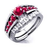 1.75 Carat (ctw) 10k White Gold Princess & Round Ruby and White Moissanite Ladies Bridal Engagement Ring Set 1 3/4 CT