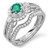1.00 Carat (ctw) 14k White Gold Round Green Emerald & White Diamond Ladies Halo Bridal Engagement Ring Set Matching Band 0.40 CT Center included 1 CT