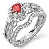 1.00 Carat (ctw) 10k White Gold Round Ruby & White Diamond Ladies Halo Bridal Engagement Ring Set Matching Band 0.40 CT Center included 1 CT