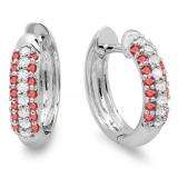 0.30 Carat (ctw) 18k White Gold Round Ruby & White Diamond Ladies Pave Set Huggies Hoop Earrings 1/3 CT