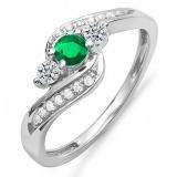 0.50 Carat (ctw) 14k White Gold Round Green Emerald And White Diamond Ladies Swirl Engagement 3 Stone Bridal Ring 1/2 CT