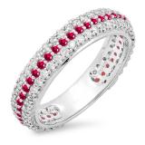 1.30 Carat (ctw) 14K White Gold Round White Diamond & Ruby Ladies Pave Set Anniversary Wedding Eternity Ring Band 1 1/3 CT