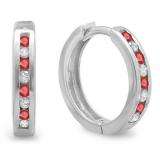0.15 Carat (ctw) Small 11mm Sterling Silver Round Ruby & White Diamond Huggie Hoop Earrings