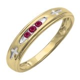 0.15 Carat (ctw) 18K Yellow Gold Plated Sterling Silver 3 Stone Round Ruby Cross Design Men's Band Ring