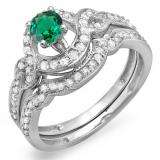 0.75 Carat (ctw) 14k White Gold Round Green Emerald And White Diamond Ladies Swirl Bridal Halo Engagement Ring Matching Band Set 3/4 CT