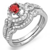 0.75 Carat (ctw) 10k White Gold Round Ruby And White Diamond Ladies Swirl Bridal Halo Engagement Ring Matching Band Set 3/4 CT