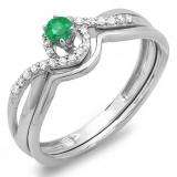 0.25 Carat (ctw) 10k White Gold Round Green Emerald And White Diamond Ladies Swirl Crossover Bridal Engagement Ring Matching Band Set 1/4 CT