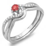 0.25 Carat (ctw) 18k White Gold Round Ruby And White Diamond Ladies Swirl Crossover Bridal Engagement Ring Matching Band Set 1/4 CT