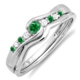 0.25 Carat (ctw) 10k White Gold Round Green Emerald And White Diamond Ladies Bridal Promise Engagement Wedding Set Ring with Matching Band 1/4 CT