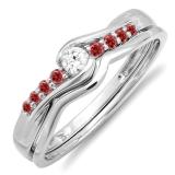 0.34 Carat (ctw) 14k White Gold Round Ruby And White Diamond Ladies Bridal Promise Engagement Wedding Set Ring with Matching Band 1/4 CT