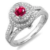 1.25 Carat (ctw) 14K White Gold Round Red Ruby and White Diamond Ladies Halo Style Split Shank Vintage Bridal Engagement Ring 1 1/4 CT