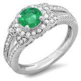 1.30 Carat (ctw) 14k White Gold Round Green Emerald And White Diamond Ladies Split Shank Halo Vintage Bridal Engagement Ring