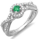 0.50 Carat (ctw) 14k White Gold Round Green Emerald And White Diamond Ladies Engagement Halo Style Swirl Split Shank Bridal Ring 1/2 CT