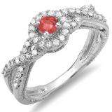 0.50 Carat (ctw) 14k White Gold Round Ruby And White Diamond Ladies Engagement Halo Style Swirl Split Shank Bridal Ring 1/2 CT