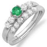 1.00 Carat (ctw) 14k White Gold Round Green Emerald And White Diamond Ladies Bridal 5 Stone Engagement Ring Matching Band Wedding Set 1 CT