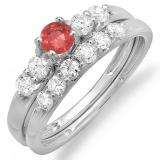 1.00 Carat (ctw) 10k White Gold Round Ruby And White Diamond Ladies Bridal 5 Stone Engagement Ring Matching Band Wedding Set 1 CT