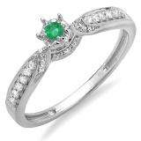 0.20 Carat (ctw) 14k White Gold Round Green Emerald And White Diamond Ladies Bridal Promise Split Shank Engagement Ring 1/5 CT