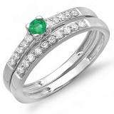 0.40 Carat (ctw) 18k White Gold Round Green Emerald And White Diamond Ladies Bridal Engagement Ring Matching Band Wedding Set