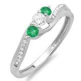 0.50 Carat (ctw) 18k White Gold Round Green Emerald And White Diamond 3 Stone Ladies Swirl Bridal Engagement Ring 1/2 CT