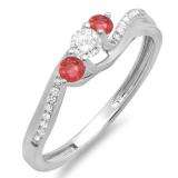 0.50 Carat (ctw) 14k White Gold Round Ruby And White Diamond 3 Stone Ladies Swirl Bridal Engagement Ring 1/2 CT