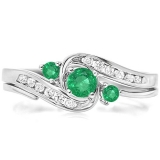 0.50 Carat (ctw) 10k White Gold Round Green Emerald And White Diamond Ladies Swirl Bridal Engagement Ring Matching Band Set 1/2 CT