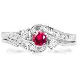 0.50 Carat (ctw) 18k White Gold Round Ruby And White Diamond Ladies Swirl Bridal Engagement Ring Matching Band Set 1/2 CT