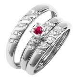 0.08 Carat (ctw) 10K White Gold Round White Diamond And Red Ruby Men & Women's Diamond Ring Trio Set