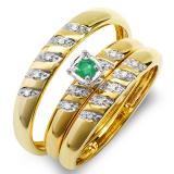 0.08 Carat (ctw) 10K Yellow Gold Round White Diamond And Green Emerald Men & Women's Diamond Ring Trio Set