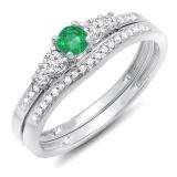 0.45 Carat (ctw) 14k White Gold Round Green Emerald And White Diamond Ladies 5 Stone Bridal Engagement Ring Matching Band Set 1/2 CT