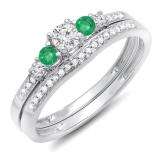 0.45 Carat (ctw) 14k White Gold Round Green Emerald And White Diamond Ladies 5 Stone Bridal Engagement Ring Matching Band Set 1/2 CT