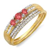 0.40 Carat (ctw) 10k Yellow Gold Round Ruby And White Diamond Ladies 3 Stone Bridal Ring Engagement Set