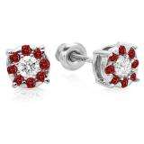0.33 Carat (ctw) 10K White Gold Round Cut Ruby & White Diamond Round Shape Cluster Earrings 1/3 CT Look of 1 CT