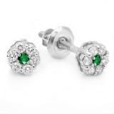 0.20 Carat (ctw) 14k White Gold Round White Diamond & Green Emerald Ladies Cluster Flower Earrings 1/5 CT