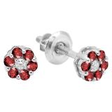 0.20 Carat (ctw) 10k White Gold Round Ruby & White Diamond Ladies Cluster Flower Earrings 1/5 CT