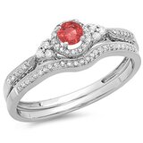 0.33 Carat (ctw) 10k White Gold Round Ruby And White Diamond Ladies Halo Style Bridal Engagement Ring Matching Band Set 1/3 CT
