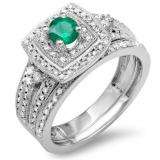 0.75 Carat (ctw) 14k White Gold Round Green Emerald And White Diamond Ladies Bridal Engagement Ring Set with Matching Band 3/4 CT